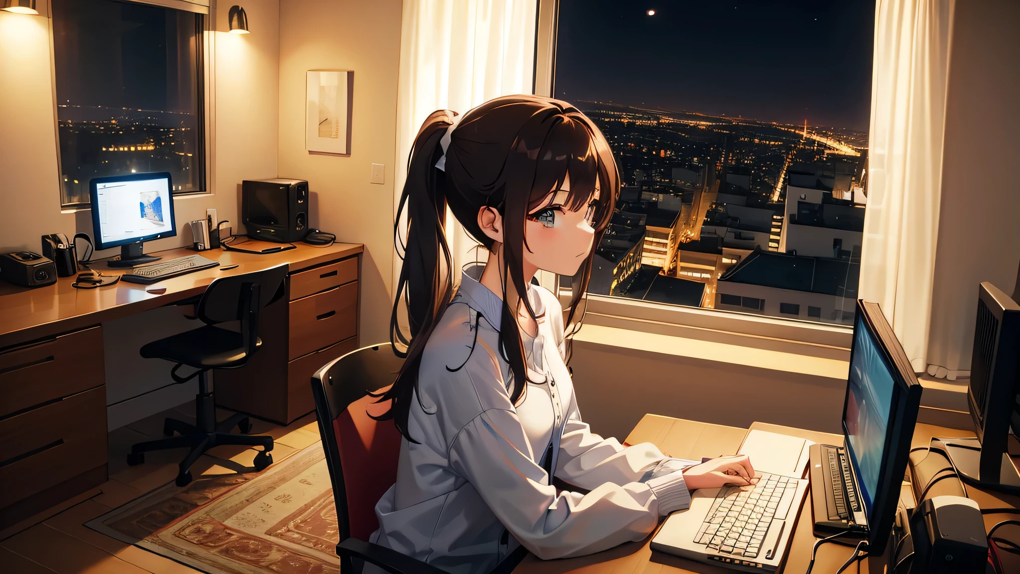 computer in my room at night,The woman's hair color is brown and has a ponytail,Beautiful night view from the window