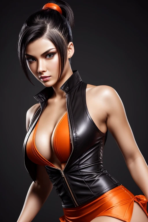 Gorgeous european woman with very short straight hair, two hair buns, wet hair, hair slicked back, combed straight back, slick hair, streaked caramelblonde hair, seductive, dressed as ling xiaoyu from tekken, , solid dark grey background