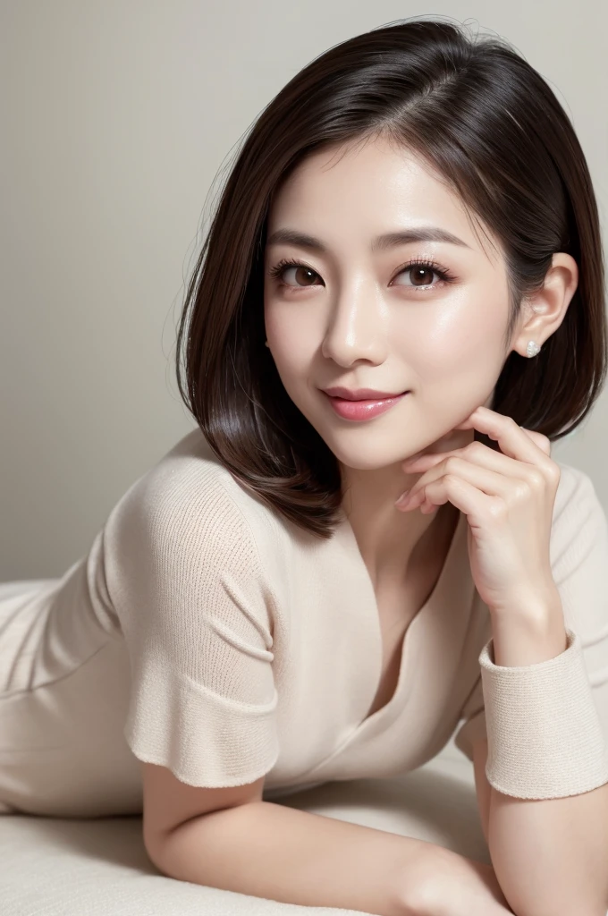 for website about beauty serum, somewhat intelligent look, res dress, best quality, highly detailed, ultra detailed, high resolution, absurdres, straight-on, a so beautiful japanese woman, 32 years old, applying beauty serum, looking at camera and smiling, minimalist white background, highly detailed, photorealistic, glowing skin, sophisticated, elegant, beautiful detailed eyes, beautiful detailed lips, extremely detailed eyes and face, long eyelashes, beautiful short black hair, warm smile, natural lighting, photorealistic, 8k, high quality, detailed portrait, elegant, refined, intellectual, key Light,close_up, lying down, like so young,without shadow
