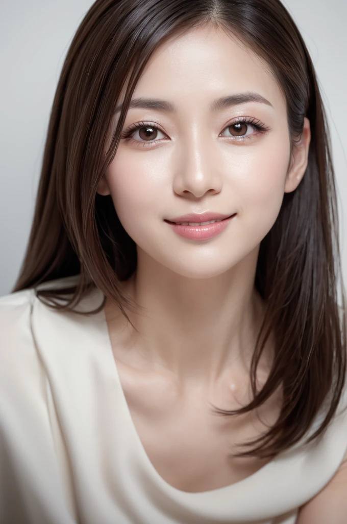 for website about beauty serum, somewhat intelligent look, res dress, best quality, highly detailed, ultra detailed, high resolution, absurdres, straight-on, a so beautiful japanese woman, 32 years old, applying beauty serum, looking at camera and smiling, minimalist white background, highly detailed, photorealistic, glowing skin, sophisticated, elegant, beautiful detailed eyes, beautiful detailed lips, extremely detailed eyes and face, long eyelashes, beautiful short black hair, warm smile, natural lighting, photorealistic, 8k, high quality, detailed portrait, elegant, refined, intellectual, key Light,close_up, lying down, like so young,without shadow