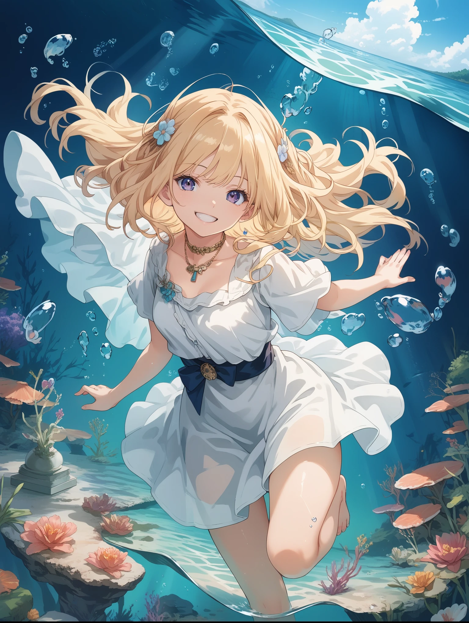 score_9, score_8_up, score_7_up, source_anime,masterpiece, best quality, high resolution, extremely detailed CG, absurdres, 1girl, solo,  girl, smile, ((under the sea)), (white marble Greek temple under water), a girl floating under water, blonde_hair, long_hair, fishs, Tyndall light, under sea, under ocean, underwater, submerged water, deep submersion