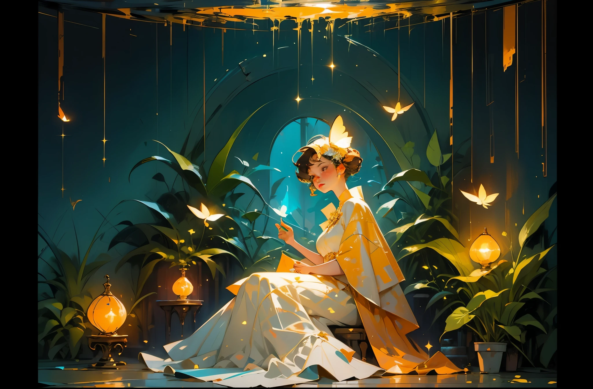 Three-dimensional oil painting on a rough canvas in the complex technique of a palette knife and wide smears patterns. digital painting Portrait of a lovely young woman with hands transforming Magic Fireflies, Translucent golden little Fireflies fly out of her hands, she is sitting on the floor, she is looking at you, breeze in the room, golden sparkles, dim lit simple background, concept art in complex mixed media 16K