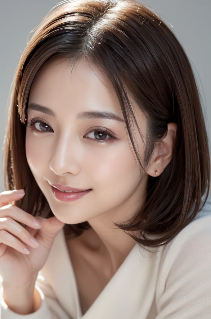 for website about beauty serum, somewhat intelligent look, res dress, best quality, highly detailed, ultra detailed, high resolution, absurdres, straight-on, a so beautiful japanese woman, 40 years old, applying beauty serum, looking at camera and smiling, minimalist white background, highly detailed, photorealistic, glowing skin, sophisticated, elegant, beautiful detailed eyes, beautiful detailed lips, extremely detailed eyes and face, long eyelashes, beautiful short black hair, warm smile, natural lighting, photorealistic, 8k, high quality, detailed portrait, elegant, refined, intellectual, key Light,close_up, lying down, like so young,without shadow