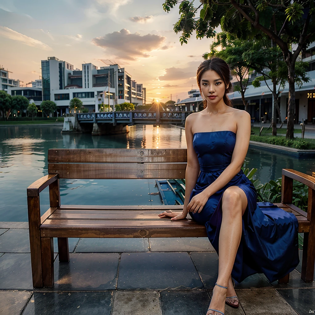 Female supermodel. Sits on wooden bench. Bangkok Art and Culture Centre (BACC). Royal blue evening dress. Sunset.