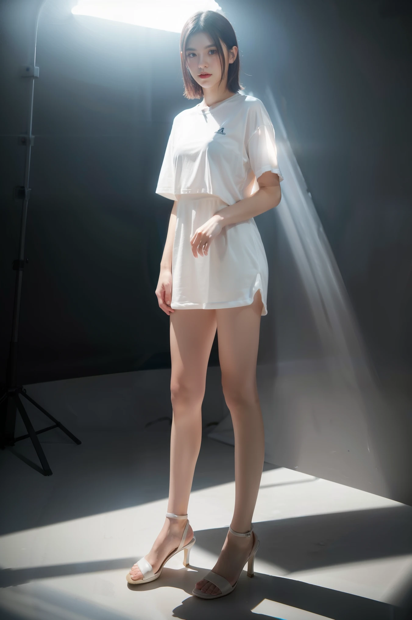 white t-shirt, adorable,Hail33, 18yo(1.0),(subsurface scattering:1.1),sharp focus,award-winning photograph,professional portrait photography,RAW photography (very detailed background:1.2),(fantasy:0), dramatic lighting, full body portrait, standing, full body photo, full body photograph, full body shot,