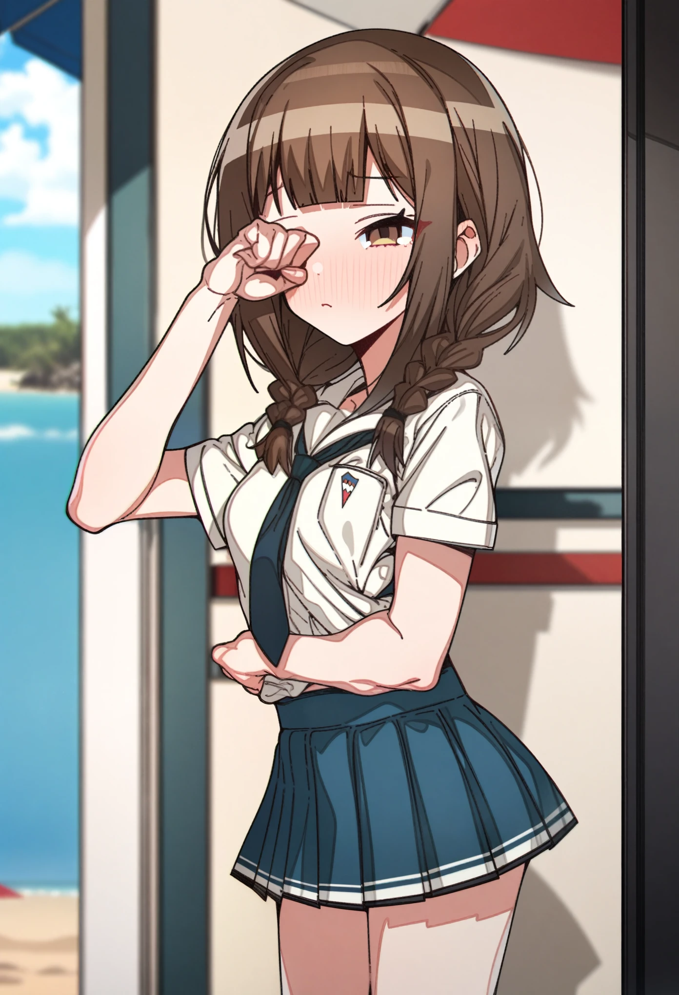 gawr_gura with brown hair and brown eyes, Artist, erere, Copyrights, idolmaster, idolmaster_shiny_colors, Character, General, 1girl, brown_hair, blunt_bangs, blush, medium_breasts, breasts, detailed eyelashes, beatiful girl:1, brown_eyes, censored, (schoolgirl, skirt, pleated_skirt, school_unform), twin_braids, rubbing_eyes, half_closed_eyes, sleepy, :|, (full_body) (standing in middle, beach_umbrella), sky:0.7, detailed, sand, outdoors, from_side, looking_at_viewer, masterpiece, best_quality, great_quality, girl, solo, center_composition, centered character, cute