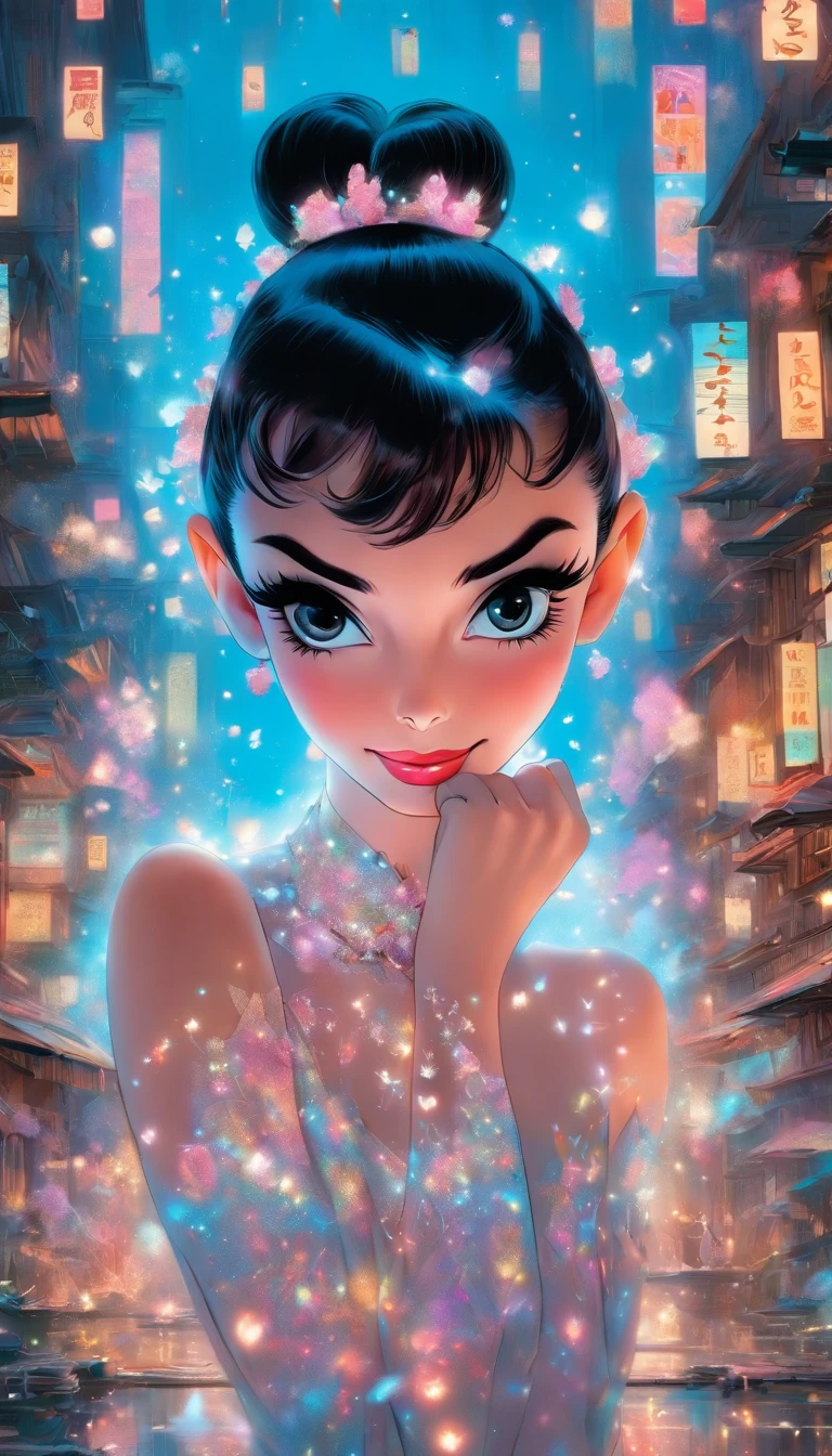 modelshoot style, audrey hepburn, (extremely detailed 8k wallpaper), playboy centerfold, Tim Okamura and Marco Mazzoni and Yoann Lossel, Vogue, digital painting, photorealism, evocative, fairy lights, pastel palette, Intricate detail, digital art, cgsociety, masterpiece, diversity, ((perfect face))  