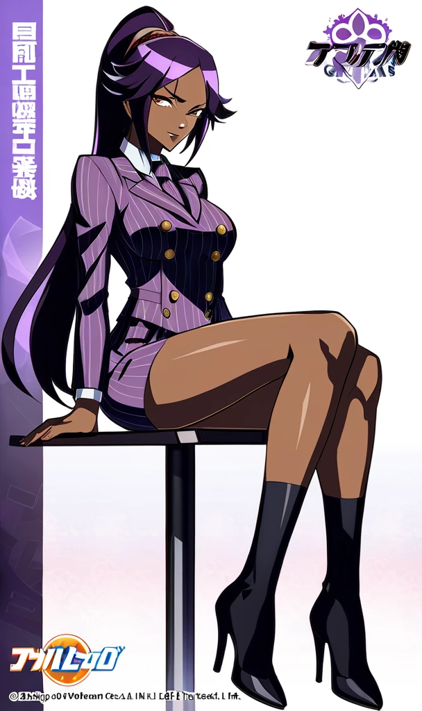  Full body Yoruichi as a thin Black business woman in a double breasted pinstripe purple  skirt suit while wearing a tie with a long purple pinstripe skirt and with long black knee socks full art and make her sit down also give her thin legs and purple heels