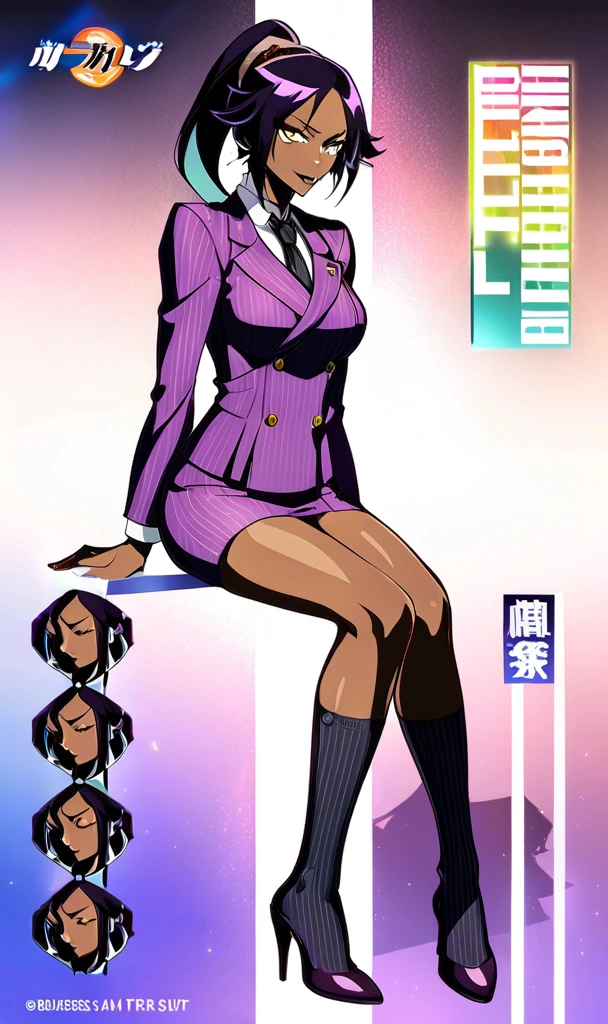 Full body Yoruichi as a thin Black business woman in a double breasted pinstripe purple skirt suit while wearing a tie with a long purple pinstripe skirt and with long black knee socks full art and make her sit down also give her thin legs and purple heels