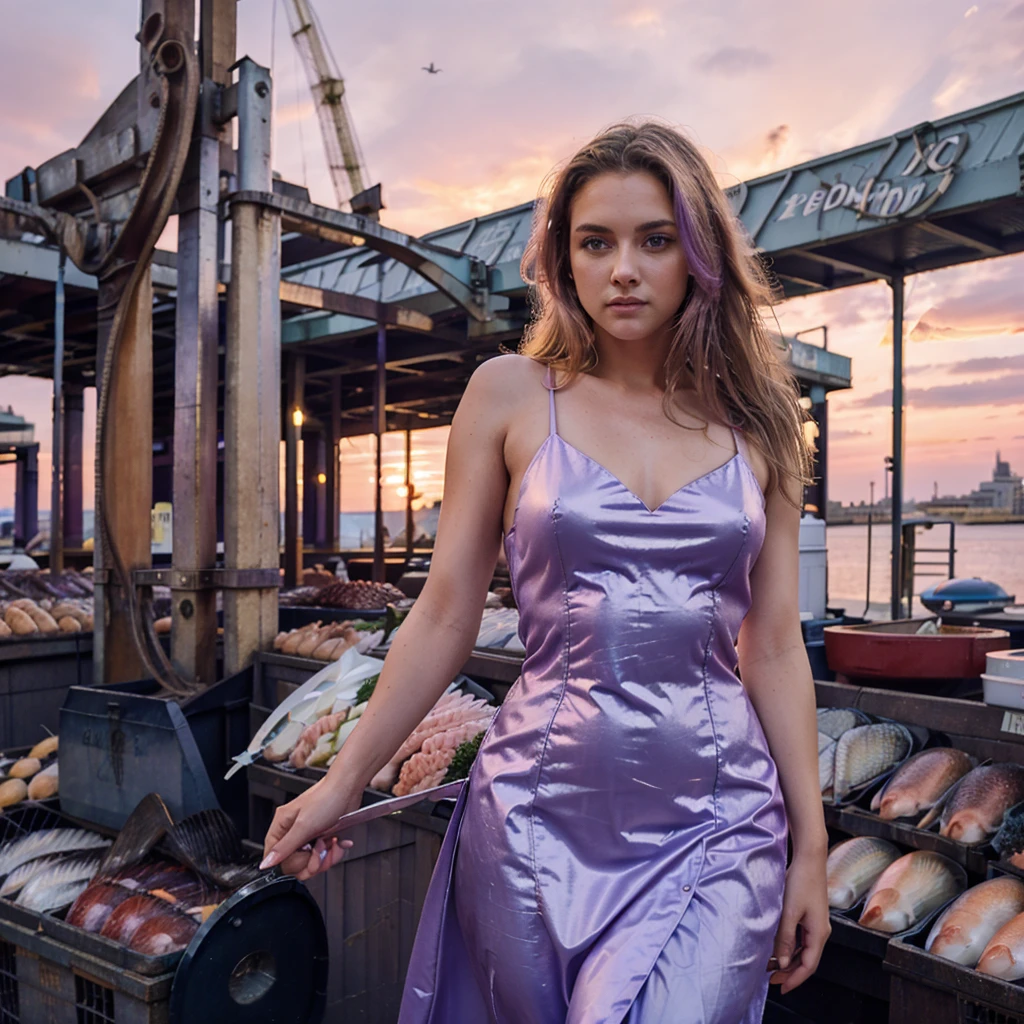 Female supermodel. Billingsgate Fish Market, London. Pastel purple evening dress. Sunset