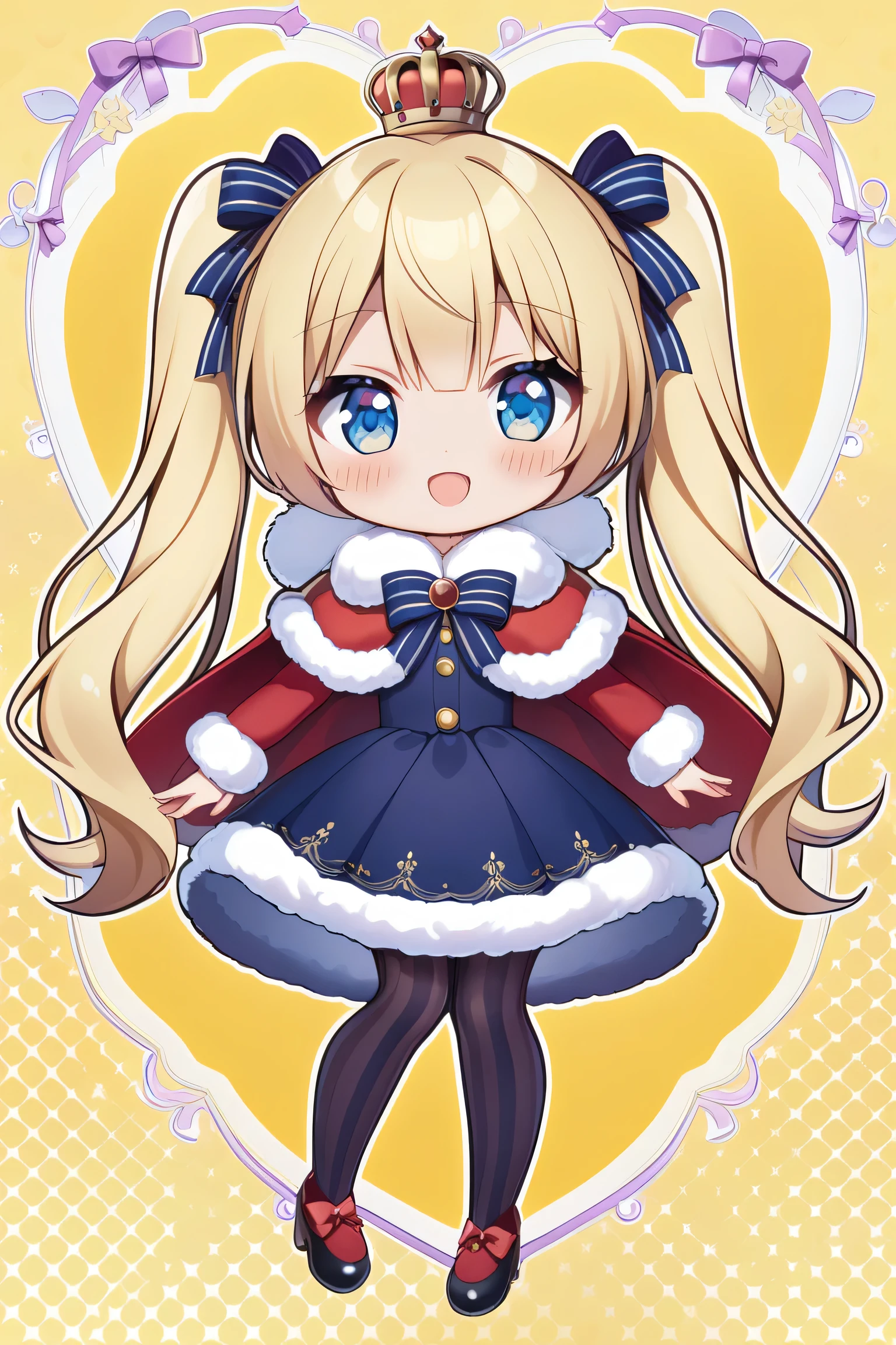 Beatrice, 1girl,solo,long hair,blush,blue eyes,blonde hair,long sleeves,dress,ribbon,twintails,full body,hair ribbon,pantyhose,sidelocks,frills,striped,chibi,symbol-shaped pupils,fur trim,capelet,drill hair,frilled dress,crown,yellow background,twin drills,mini crown,fur-trimmed capelet,striped pantyhose