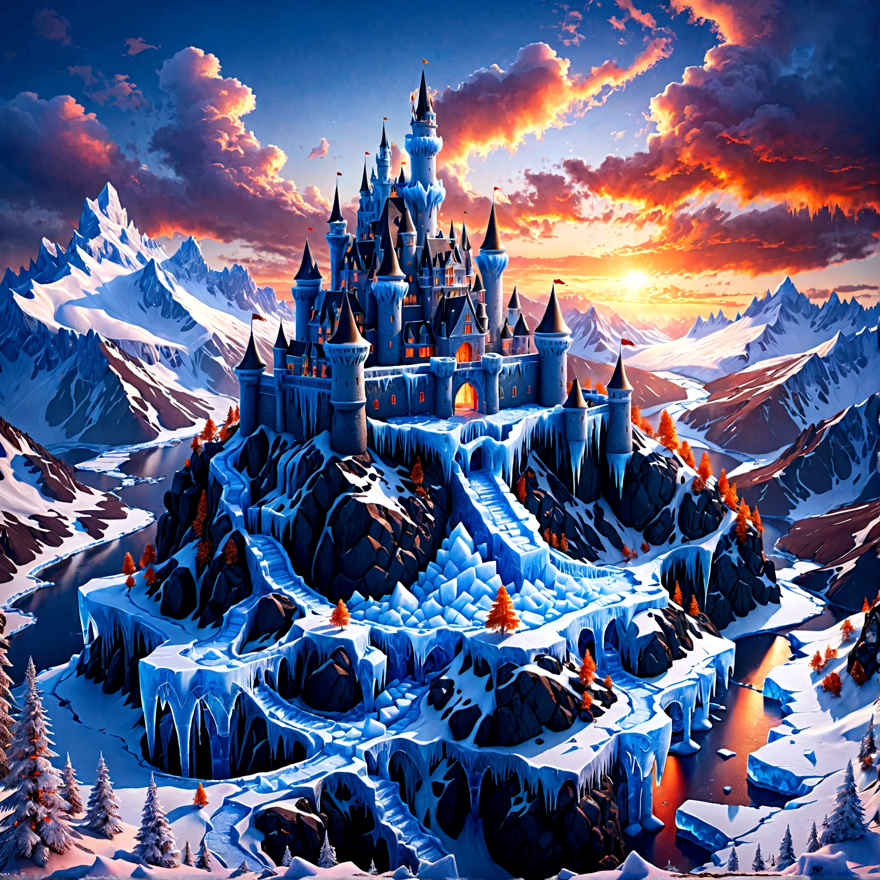 a panoramic award winning photography, Photorealistic, extremely detailed of a castle made from (ice: 1.3), standing on the peak of a snowy mountain, an impressive best detailed castle made from ice (Photorealistic, extremely detailed), with towers, bridges, a moat filled with lava (Photorealistic, extremely detailed),  standing on top of a snowy mountain (masterpiece, extremely detailed, best quality), with pine trees, sunset light, some clouds in the air,  alpine mountain range background, best realistic, best details, best quality, 16k, [ultra detailed], masterpiece, best quality, (extremely detailed), ultra wide shot, photorealism, depth of field, faize, high quality, landscape, lava land,