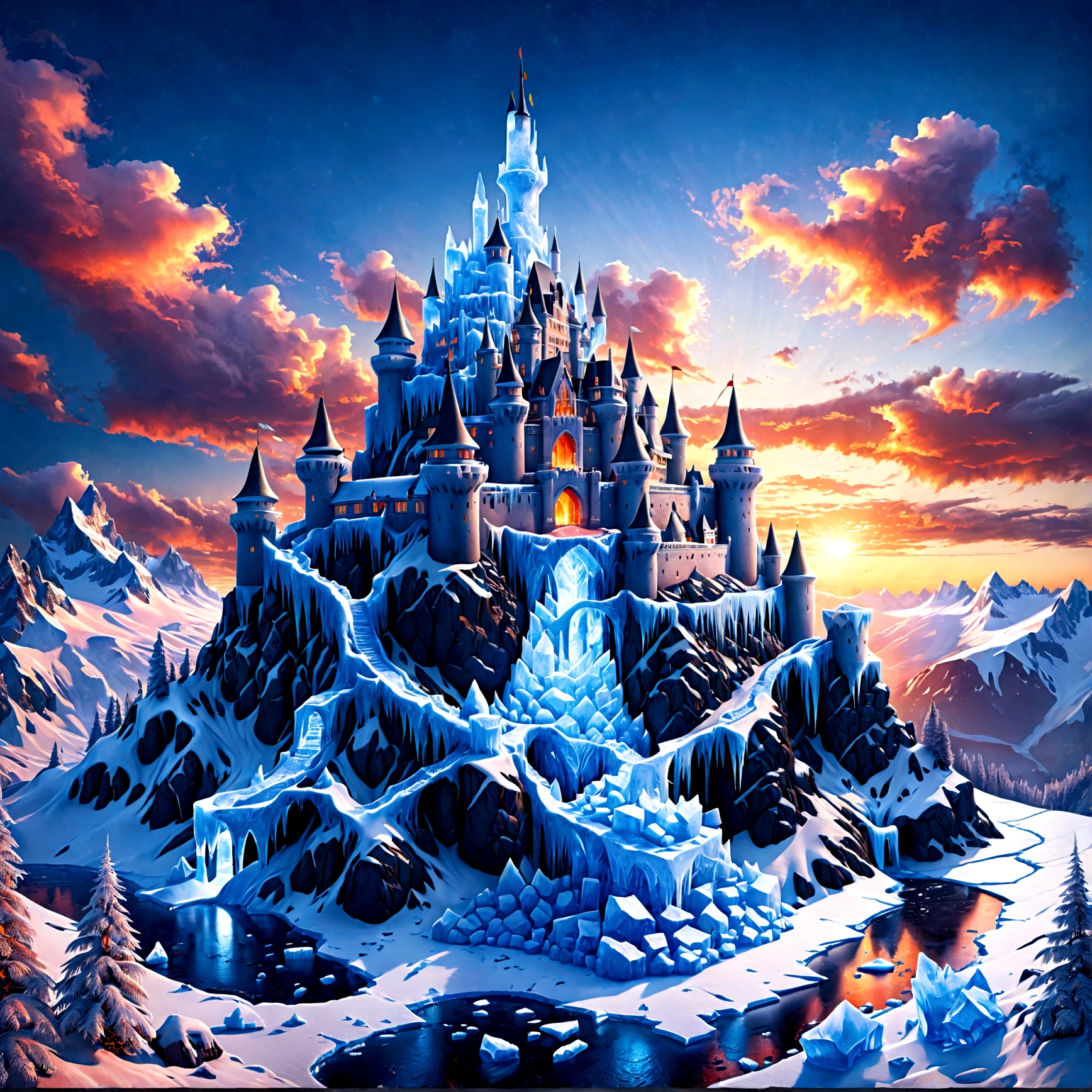 a panoramic award winning photography, Photorealistic, extremely detailed of a castle made from (ice: 1.3), standing on the peak of a snowy mountain, an impressive best detailed castle made from ice (Photorealistic, extremely detailed), with towers, bridges, a moat filled with lava (Photorealistic, extremely detailed),  standing on top of a snowy mountain (masterpiece, extremely detailed, best quality), with pine trees, sunset light, some clouds in the air,  alpine mountain range background, best realistic, best details, best quality, 16k, [ultra detailed], masterpiece, best quality, (extremely detailed), ultra wide shot, photorealism, depth of field, faize, high quality, landscape, lava land,