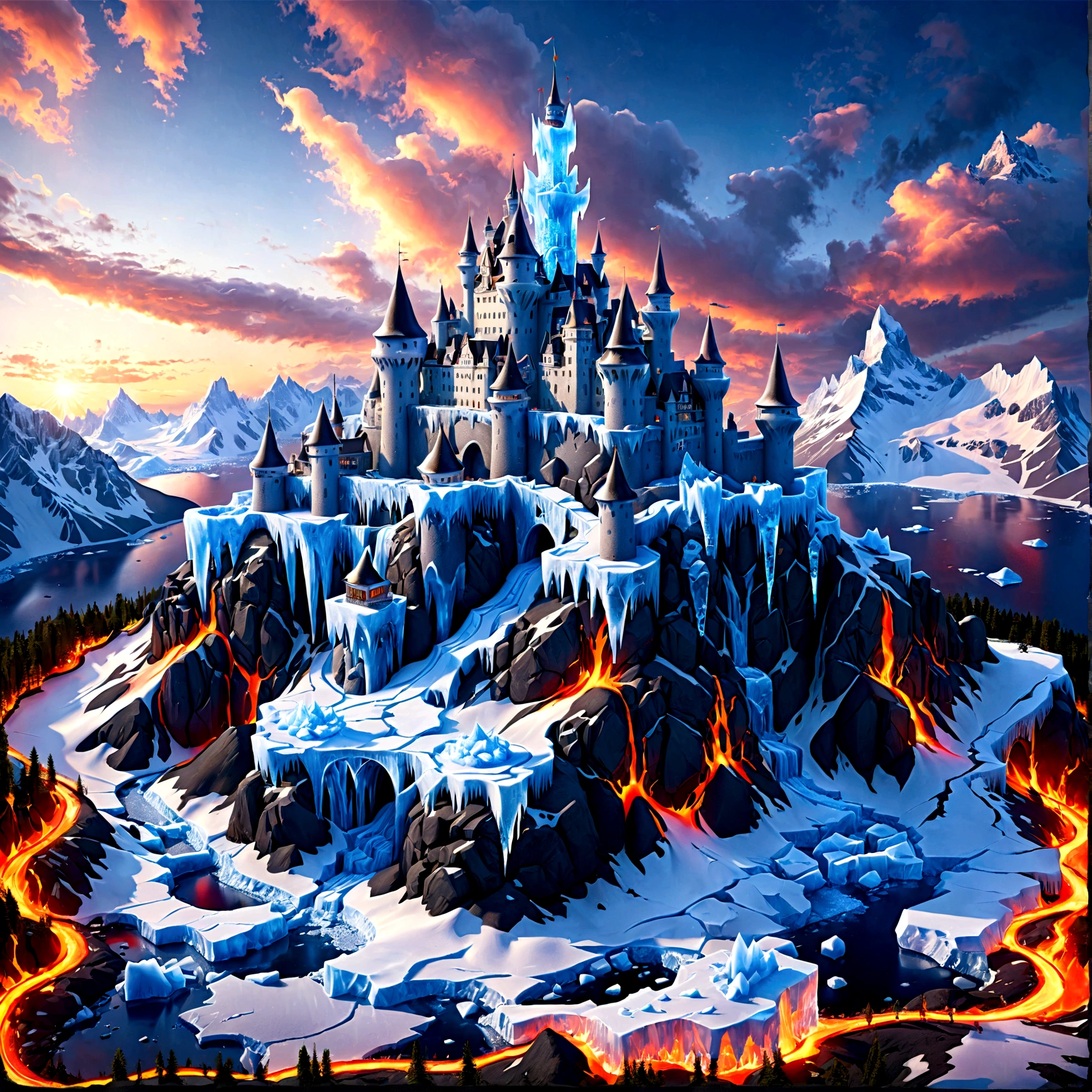 a panoramic award winning photography, Photorealistic, extremely detailed of a castle made from (ice: 1.3), standing on the peak of a snowy mountain, an impressive best detailed castle made from ice (Photorealistic, extremely detailed), with towers, bridges, a moat filled with lava (Photorealistic, extremely detailed),  standing on top of a snowy mountain (masterpiece, extremely detailed, best quality), with pine trees, sunset light, some clouds in the air,  alpine mountain range background, best realistic, best details, best quality, 16k, [ultra detailed], masterpiece, best quality, (extremely detailed), ultra wide shot, photorealism, depth of field, faize, high quality, landscape, lava land,