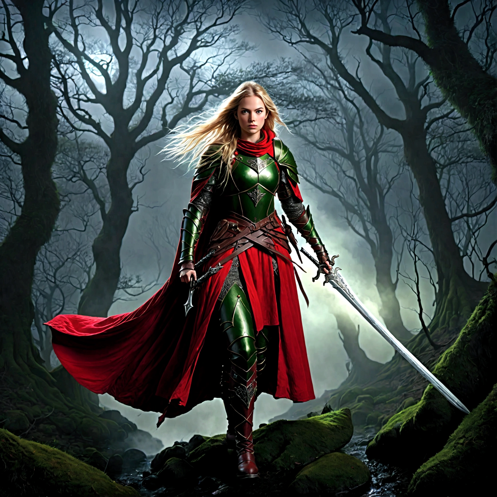 fantasy art, RPG art, Dark fantasy art, ultra wide shot, RAW, photorealistic, a picture of (1single: 1.5) female human ranger, the ranger, an exquisite beautiful human woman, long blond hair, braided hair, green eyes, wearing leather armor, wearing (red cloak: 1.1), armed with a (sword: 1.3), wearing laced boots, standing in a dark forest at night, (mist rising from the grounds: 1.3), a sense of dread and fear, yet she stands defiant and fearless, dark fantasy forest background, best quality, 16k, [ultra detailed], masterpiece, best quality, (ultra detailed), full body, ultra wide shot, photorealism, Sword and shield, dark novel