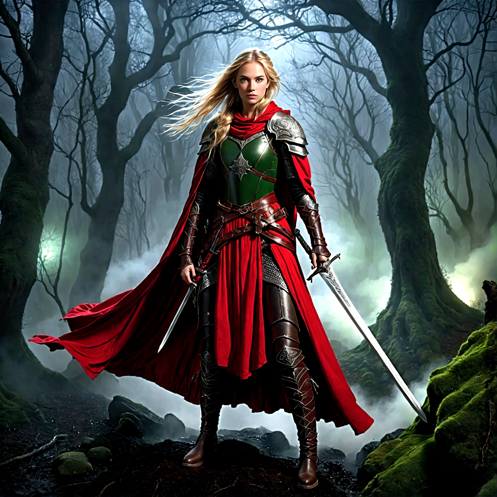 fantasy art, RPG art, Dark fantasy art, ultra wide shot, RAW, photorealistic, a picture of (1single: 1.5) female human ranger, the ranger, an exquisite beautiful human woman, long blond hair, braided hair, green eyes, wearing leather armor, wearing (red cloak: 1.1), armed with a (sword: 1.3), wearing laced boots, standing in a dark forest at night, (mist rising from the grounds: 1.3), a sense of dread and fear, yet she stands defiant and fearless, dark fantasy forest background, best quality, 16k, [ultra detailed], masterpiece, best quality, (ultra detailed), full body, ultra wide shot, photorealism, Sword and shield, dark novel