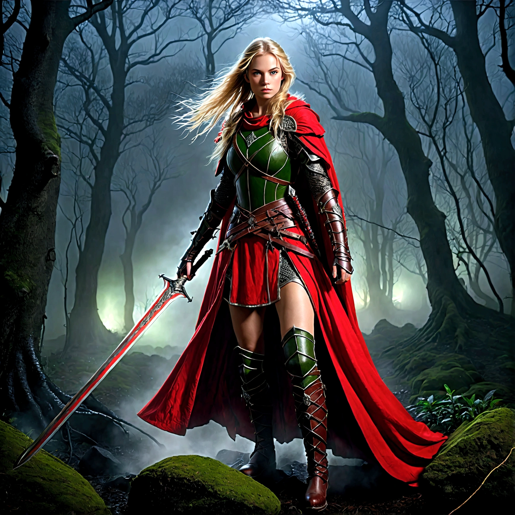 fantasy art, RPG art, Dark fantasy art, ultra wide shot, RAW, photorealistic, a picture of (1single: 1.5) female human ranger, the ranger, an exquisite beautiful human woman, long blond hair, braided hair, green eyes, wearing leather armor, wearing (red cloak: 1.1), armed with a (sword: 1.3), wearing laced boots, standing in a dark forest at night, (mist rising from the grounds: 1.3), a sense of dread and fear, yet she stands defiant and fearless, dark fantasy forest background, best quality, 16k, [ultra detailed], masterpiece, best quality, (ultra detailed), full body, ultra wide shot, photorealism, Sword and shield, dark novel