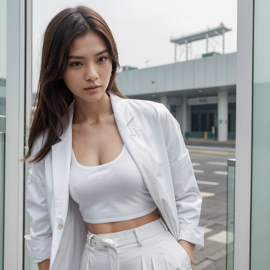 Female supermodel. Singapore Chinese. Tuas, Singapore. White doctor coat. White formal shirt. White trousers. Close-up.