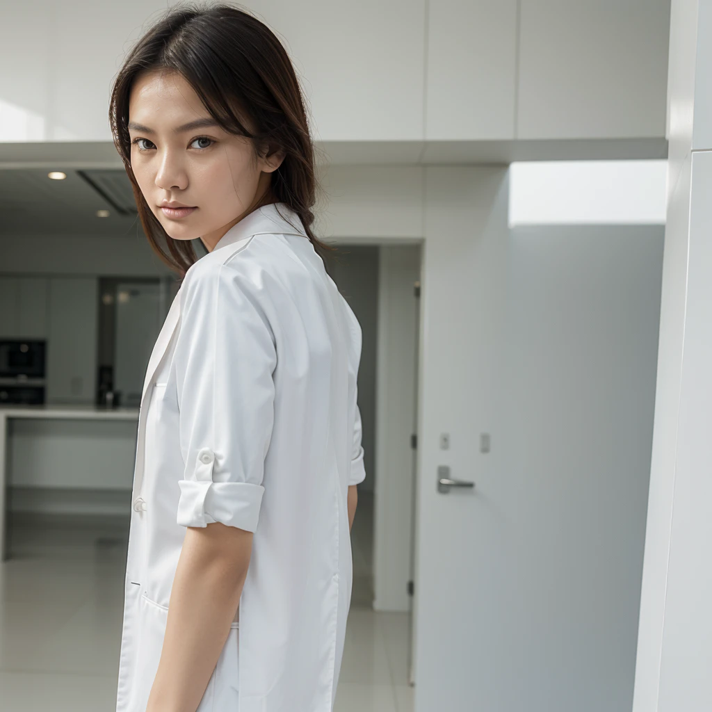 Female supermodel. Singapore Chinese. Tuas, Singapore. White doctor coat. White formal shirt. White trousers. Close-up.