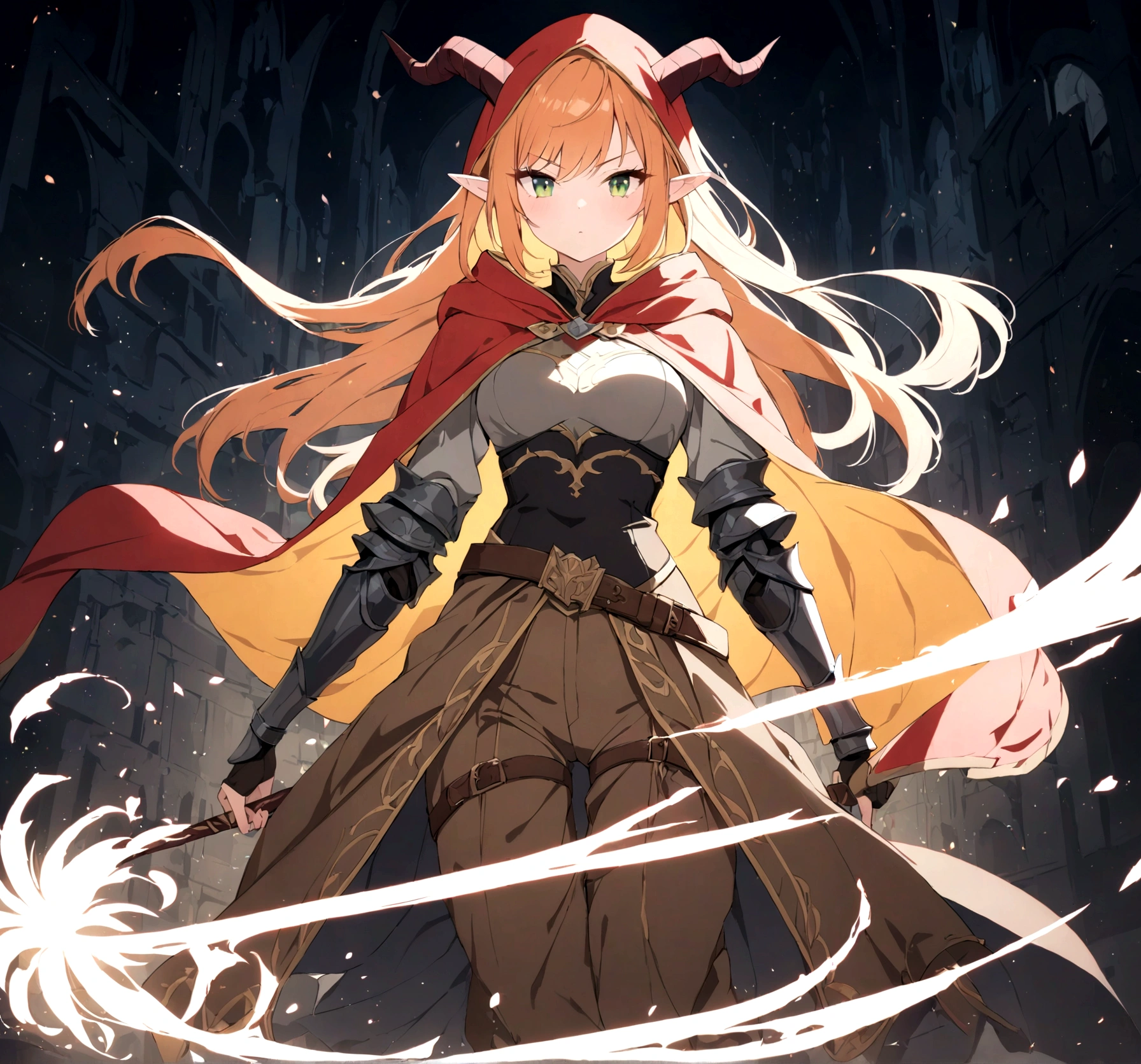 (1girl, Masterpiece, best quality) A young elf female with (long length intense orange hair and sharp side-swept fringe). Neutral, sligthly serious expression. Her attire includes a red cloak with yellow trim that covers a (medieval-style brown and gray chest piece). She has green eyes. She has a brown belt cinched around her waist and some dark gray fur around waist. She wears brown pants with armored greaves. She's wearing a red hood with attached gray horns to hood.
