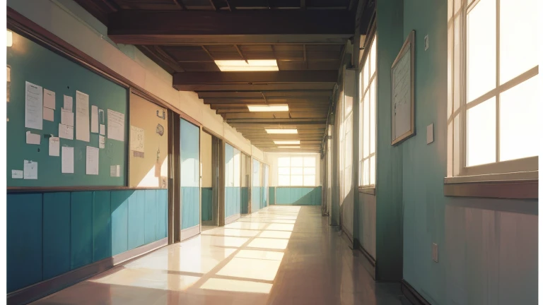 (masterpiece), best quality, ultra detailed, anime background, day, sunlight, school, hallway, Japanese high school