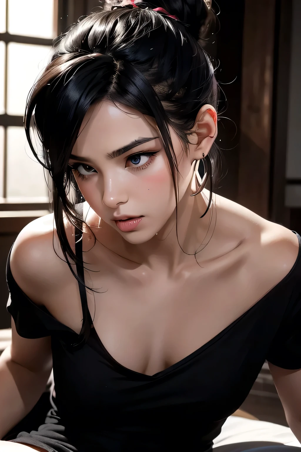 Amazing portrait of a sexy woman with her messy bun hair tied in a black hairband wearing alluring earrings and black v-neck t-shirt kissing and making out passionately with a shirtless boy on the bed in an intimate setting