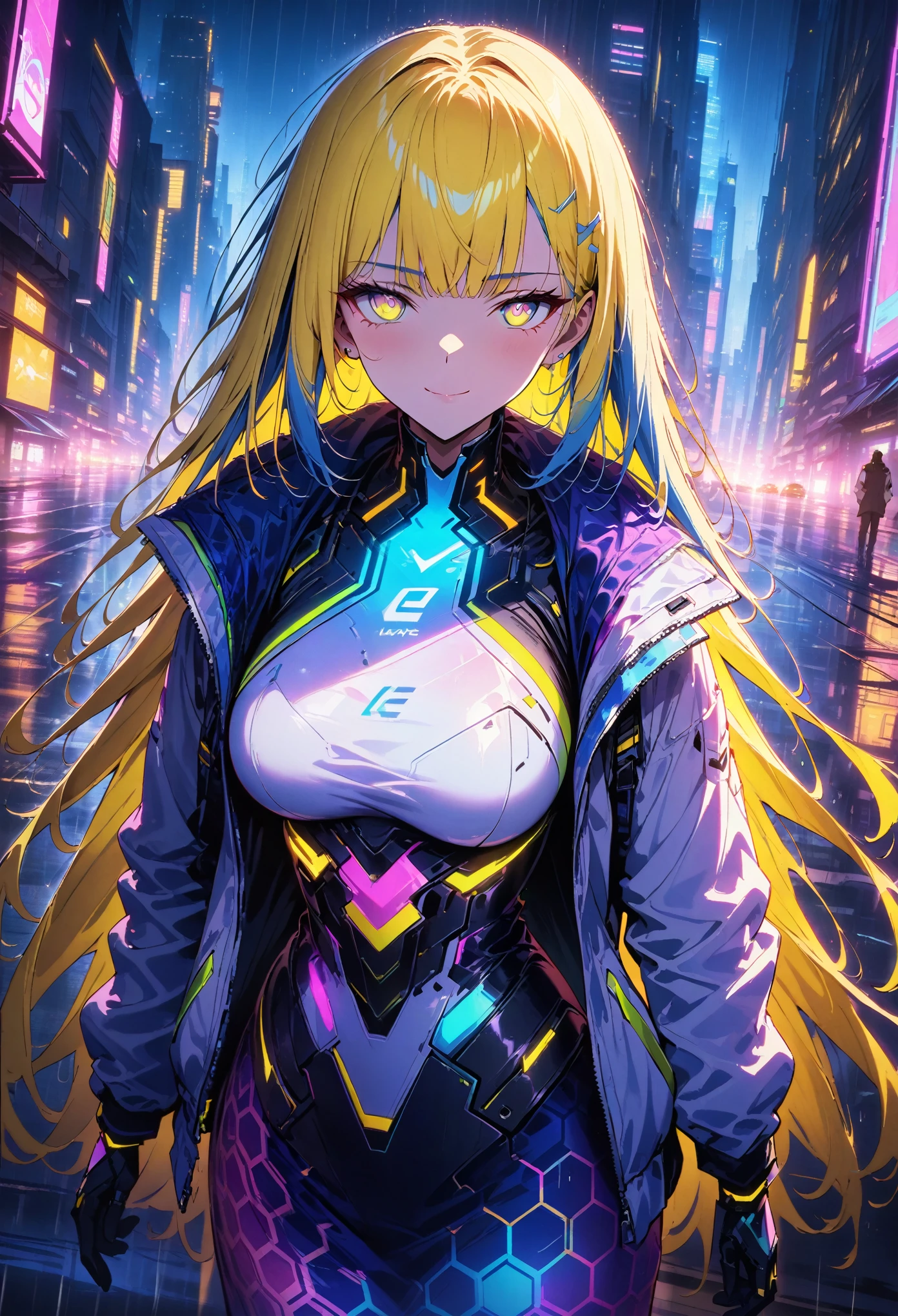 night, Colorful cyberpunk city background, rain, street, very long hair, (blue hair:1.75), (yellow hair hightlights:1.75), red bangs, yellow bangs, shining eyes, (multicolored eyes:1.5), blue eyes, yellow eyes, , (white jacket:1.5), futuristic jacket, (hexagon-pattern skirt:1.5), smug expression, smirk, black, backlight, glow, Find an audience, low angle shot, Looking up at the camera, perfect composition, Perfect light and shadow, 8K