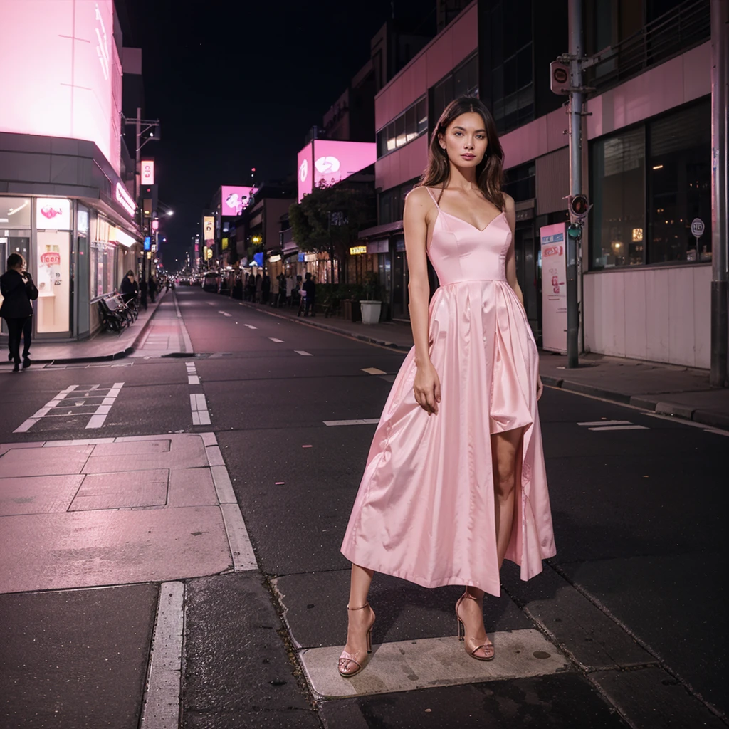 Female supermodel. Takeshit Dori, Tokyo. Pastel purple evening dress. Sunset
