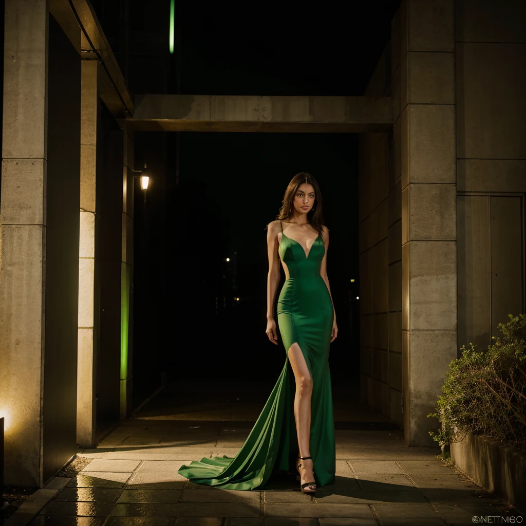 Female supermodel. Green evening dress. Standing. Roppongi Art Triangle (ATRO), 21_21 DESIGN SIGHT.