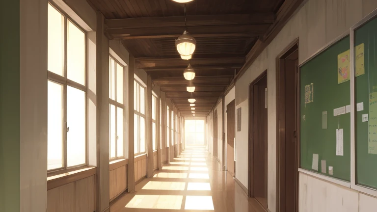 (masterpiece), best quality, ultra detailed, anime background, day, sunlight, school, hallway, Japanese high school