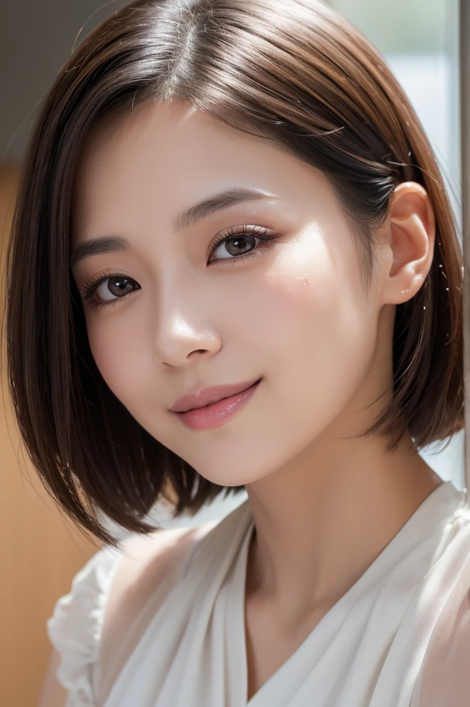 for website about beauty serum, somewhat intelligent look, res dress, best quality, highly detailed, ultra detailed, high resolution, absurdres, straight-on, a so beautiful japanese woman, 40 years old, applying beauty serum, looking at camera and smiling, minimalist white background, highly detailed, photorealistic, glowing skin, sophisticated, elegant, beautiful detailed eyes, beautiful detailed lips, extremely detailed eyes and face, long eyelashes, beautiful short black hair, warm smile, natural lighting, photorealistic, 8k, high quality, detailed portrait, elegant, refined, intellectual, key Light,close_up, lying down, like so young,without shadow