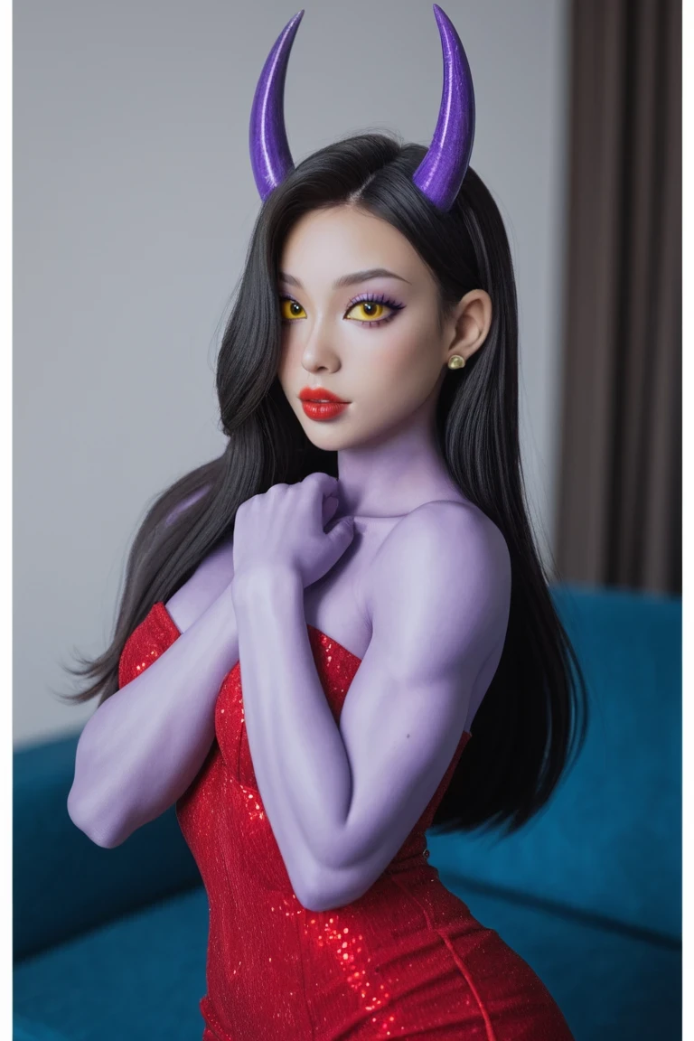 score_9, score_8_up, score_7_up, BREAK,
intricate details, beautiful curvy (muscular) ((Latina)) demon woman, black hair, very long hair, detailed face and eyes, ((purple skin)), yellow pupils, ((black sclera)), purple horns, ((tail)), red strapless jessica rabbit dress, purple elbow gloves, red lipstick, purple eyeshadow, looking over shoulder, seductive expression, seductive pose, living room, view from behind, hair covering one eye