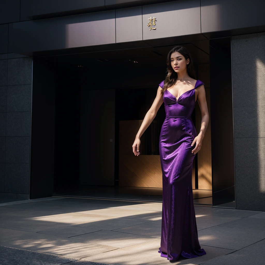 Female supermodel. Purple evening dress. Standing. Roppongi Art Triangle (ATRO), Suntory Museum of Art.