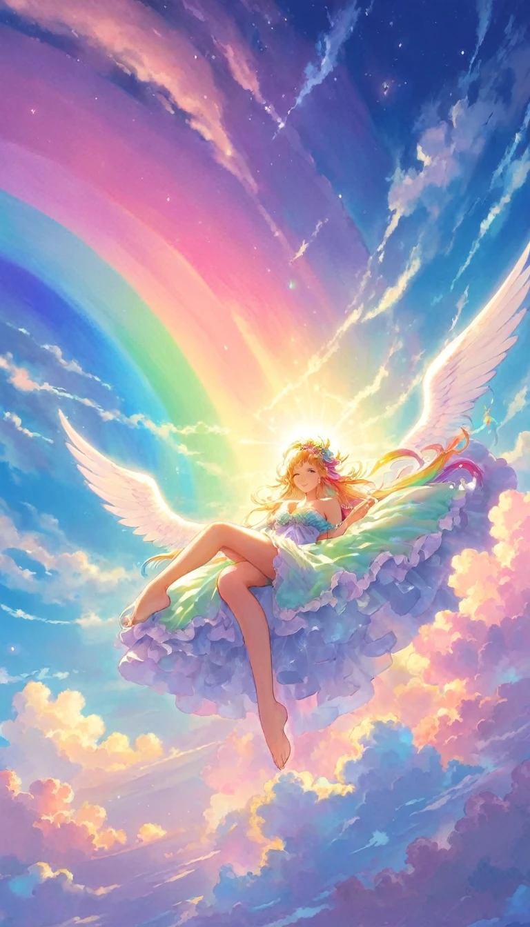 A stunningly ethereal figure, composed of a dazzling array of rainbow hues, reclines gracefully at the end of a radiant rainbow amidst the fluffy clouds in the sky. Bathed in dynamic and enchanting lighting, accentuates her vibrant, full-bodied form. Fantasy art. Masterpiece