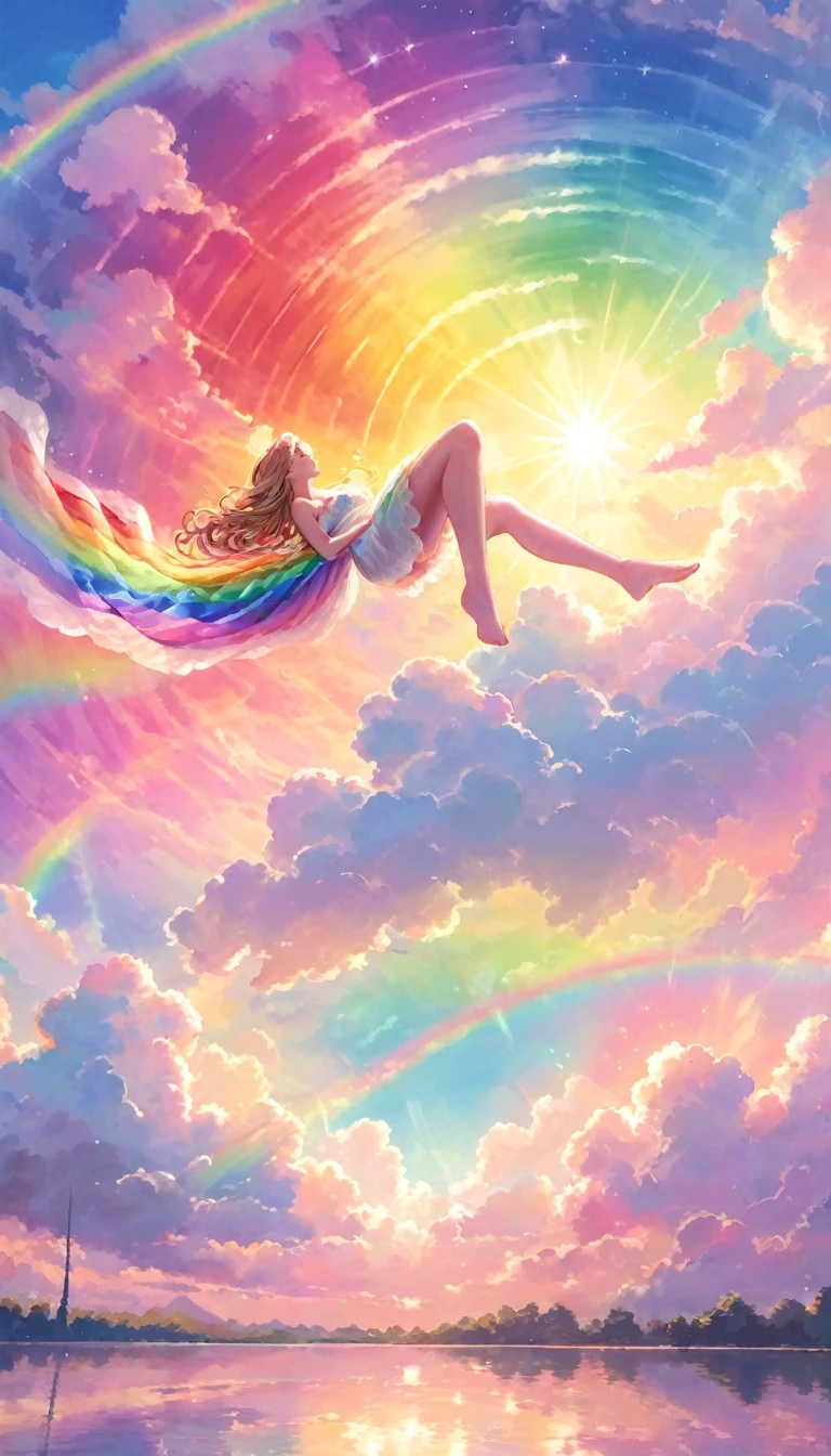 A stunningly ethereal figure, composed of a dazzling array of rainbow hues, reclines gracefully at the end of a radiant rainbow amidst the fluffy clouds in the sky. Bathed in dynamic and enchanting lighting, accentuates her vibrant, full-bodied form. Fantasy art. Masterpiece 