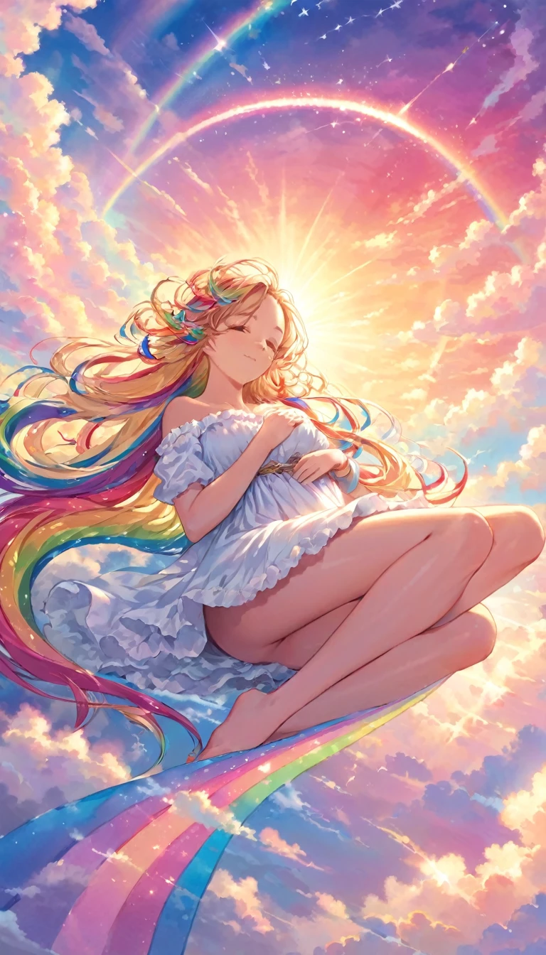 A stunningly ethereal figure, composed of a dazzling array of rainbow hues, reclines gracefully at the end of a radiant rainbow amidst the fluffy clouds in the sky. Bathed in dynamic and enchanting lighting, accentuates her vibrant, full-bodied form. Fantasy art. Masterpiece 