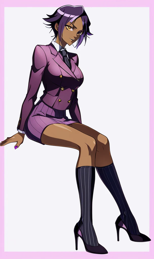 Full body Yoruichi as a thin Black business woman in a double breasted pinstripe purple skirt suit while wearing a tie with a long purple pinstripe skirt and with long black knee socks full art and make her sit down also give her thin legs and purple heels