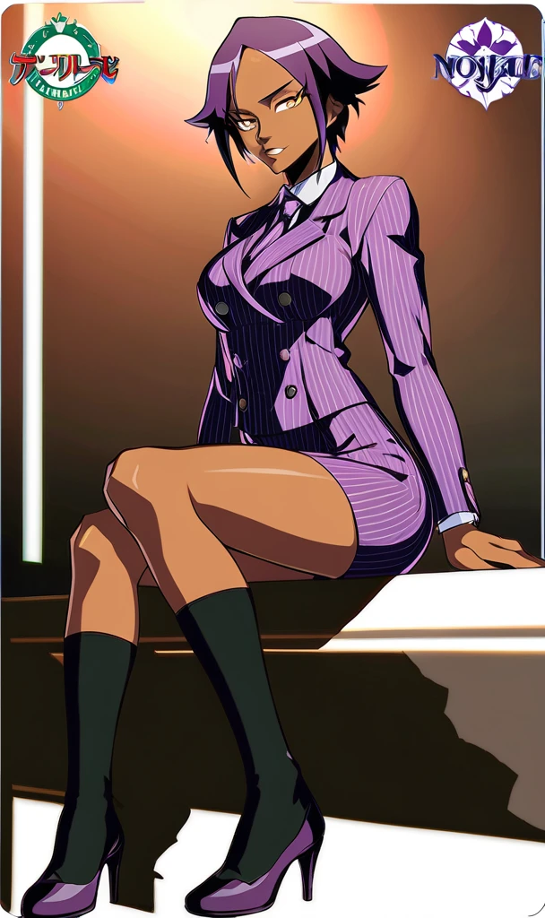  Full body Yoruichi as a thin Black business woman in a double breasted pinstripe purple  skirt suit while wearing a tie with a long purple pinstripe skirt and with long black knee socks full art and make her sit down also give her thin legs and purple heels