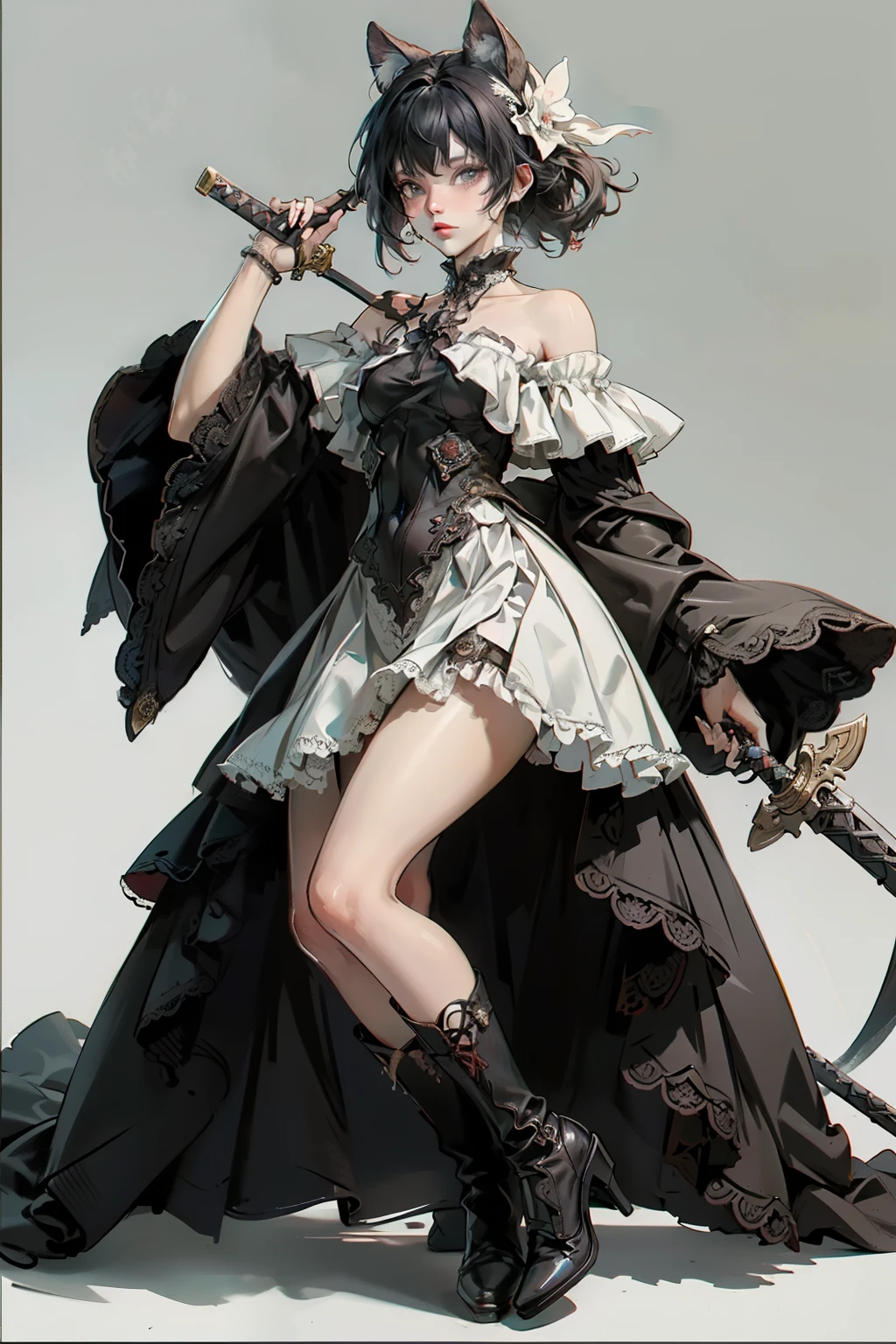 ((best quality)), ((masterpiece)), (detailed), blank white background, plain background, white background, off the shoulder, off shoulder, red and white clothing, Bloodborne inspired, occult aesthetic, occult, detailed and intricate steampunk and detailed gothic, NSFW, Very dramatic and cinematic lighting, cosmic horror, grim-dark, side-lighting, perfect face, NSFW, Fluttering lace flared long knee length dress with frilly petticoats, knee length dress, pleated petticoats, lolita dress, petticoats gothic lolita, complex lace boots, side-lighting, gothic lolita aesthetic, wielding a mighty sword, carbine, NSFW, beautiful small breasts, small breasts, full body, whole body, body, plain background, white background, blank background, no background, white background NSFW, full body, whole body, head-to-toe NSFW