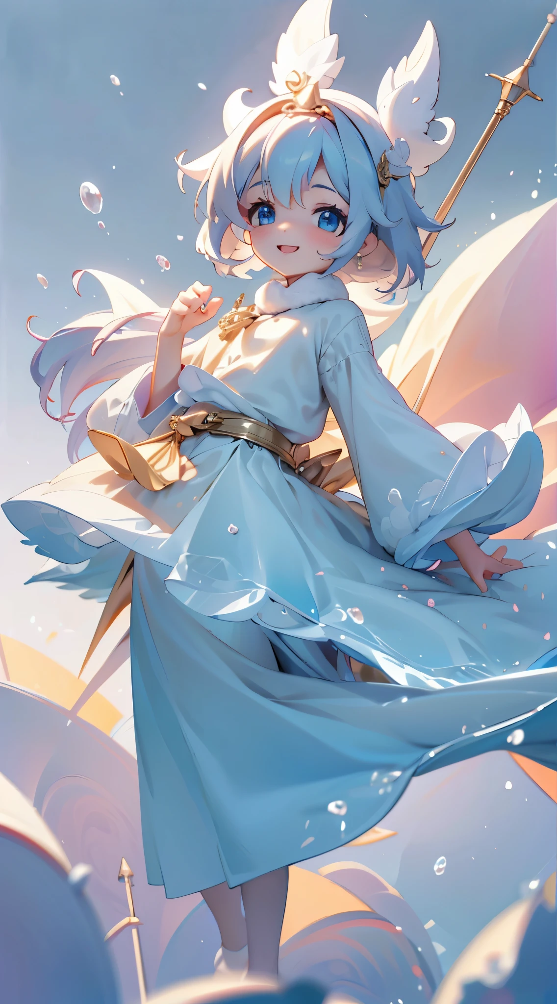 boy、boy,juvenile,gorgeous nub、Little Fox、Anthropomorphic、Wear bubble mart style、Elegant Cape、優しいsmile、White fur、bright big eyes and fluffy tail,、Gently floating clouds、Highly detailed 3D illustration、Surreal、Ultra-detailed、High-end Cinema Lighting、Octablite、Octoring、Zubrash、smile、