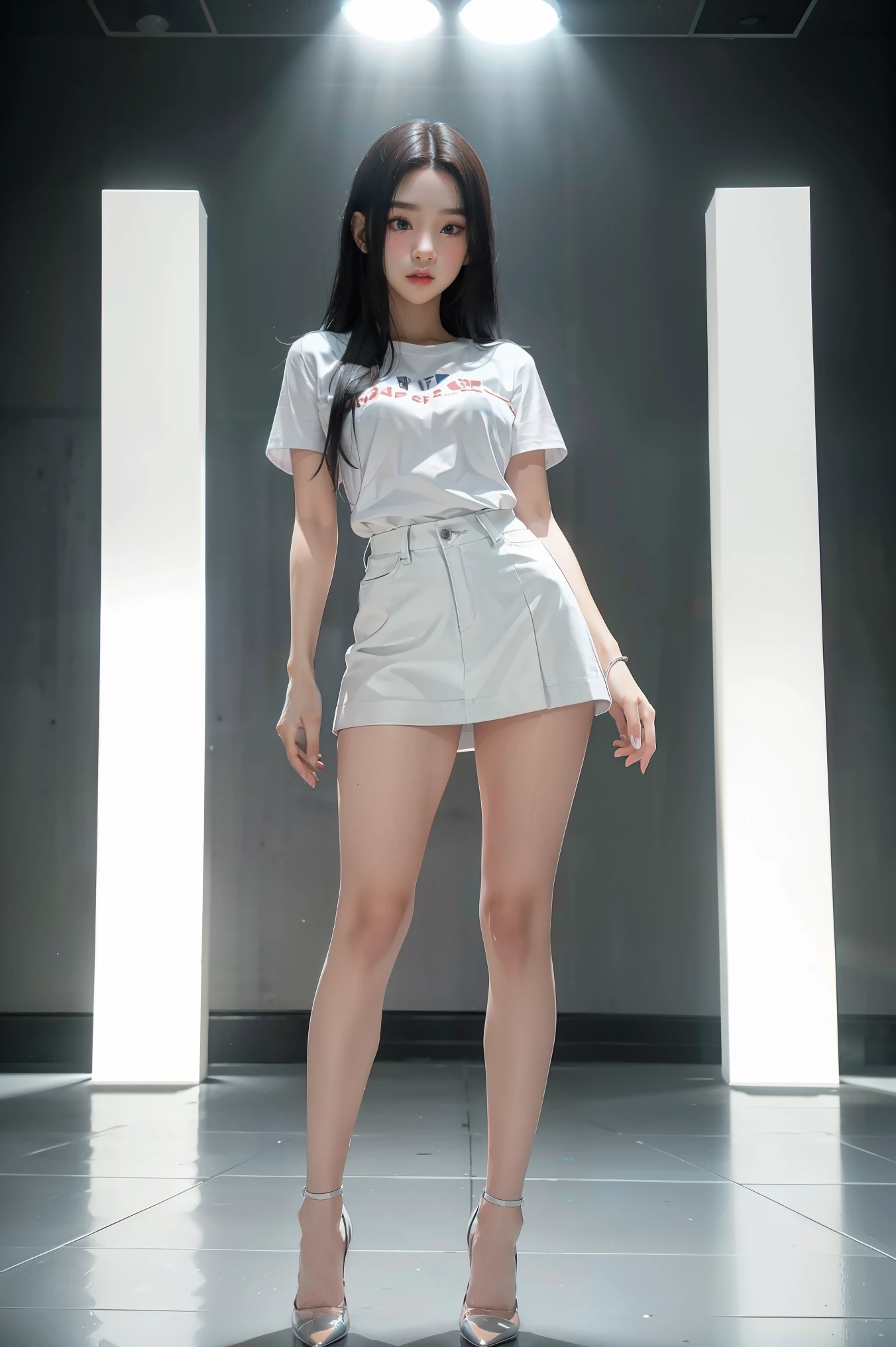 white t-shirt, adorable,Hail33, 18yo(1.0),(subsurface scattering:1.1),sharp focus,award-winning photograph,professional portrait photography,RAW photography (very detailed background:1.2),(fantasy:0), dramatic lighting, full body portrait, standing, full body photo, full body photograph, full body shot,