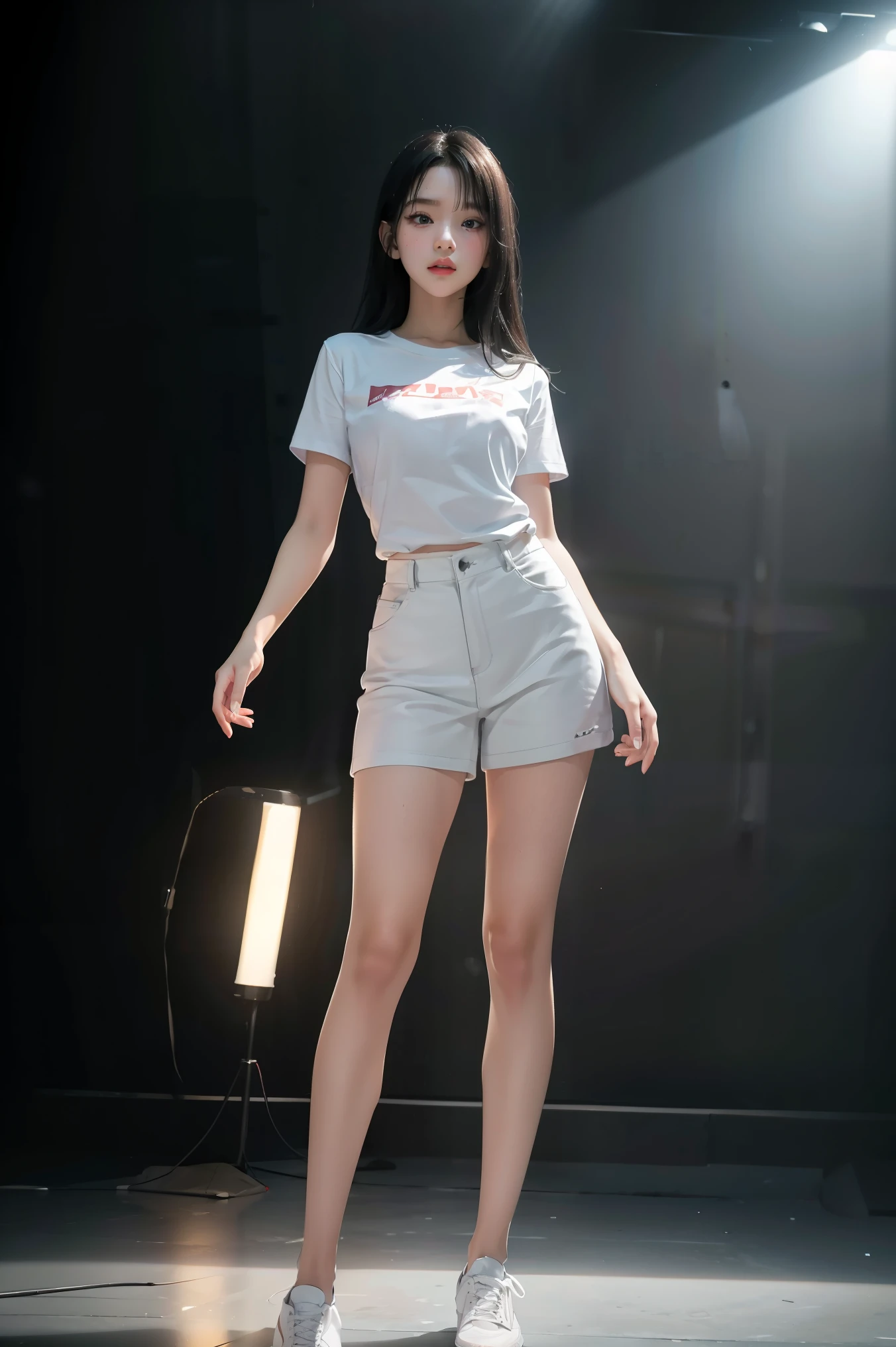 white t-shirt, adorable,Hail33, 18yo(1.0),(subsurface scattering:1.1),sharp focus,award-winning photograph,professional portrait photography,RAW photography (very detailed background:1.2),(fantasy:0), dramatic lighting, full body portrait, standing, full body photo, full body photograph, full body shot,