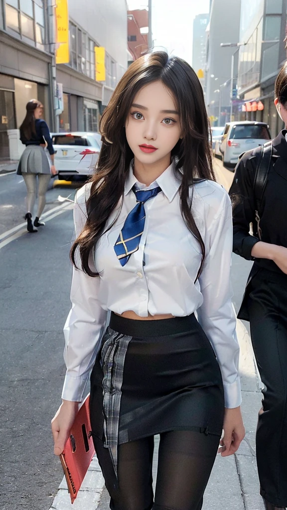  (high quality), (NSFW:1.2), Split screen vertically, 1 girl and 1 man are dating online by exchanging own photos and messages using a smartphone chatting app, 18 years old, korean, long distance relationship, (All text is written in English.:1.8), they wore korean high school uniforms, full body, Focus her eyes on your phone screen and be happy, Upload her photos to an online community using a smartphone app, boys are crazy about her posts online, just like cartoon cuts., They are sending her messages asking to chat, the girl are amused by their reactions, she had light makeup, slim figure, (a girl wore thin and flesh colored pantyhose : 1.5), (a girl wore slim high_school uniform_pencil skirt and blouse : 1.6),(boys wore high school uniform_shirts and pants:1.5), (they wore school uniform_blazer and tie), separation of cuts, separation of scenes