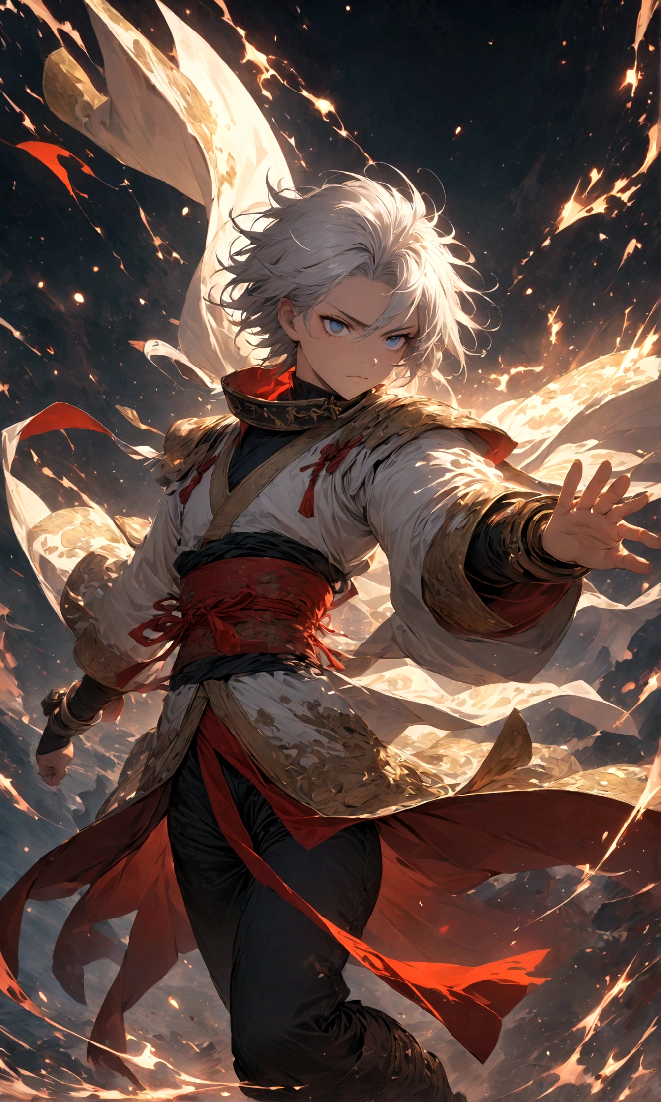 (1 male,gabimaru,Androgynous short hair,white hair,White ninja costume,Gabimaru is a slim androgynous man,beautiful,(Masculine droopy eyes,Dark circles under the eyes),Listless),Midori Ishida's painting style,Moderate dirt,Intricate details,,Decadent,artwork,rendering,,(masterpiece:1.3),(highest quality:1.4),(Super detailed:1.5),High resolution,Very detailed,unity 8k wallpaper,Dark fantasy,Glare,Fighting Style,BREAK,The ninja outfit that Gabimaru is wearing is white.,The collar and cuffs are black.