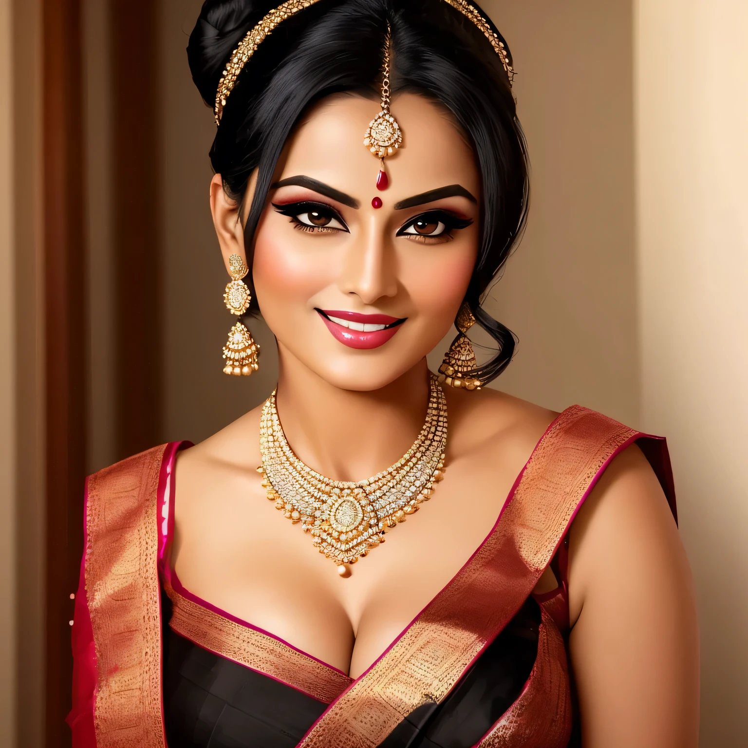 Amazing portrait of a sexy woman who is a MILF and your neighbour with her black hair in a bun with seductive eyes and she's blushing with a seductive smile wearing amazing makeup wearing a saree with a lustful look and a sultry pose
