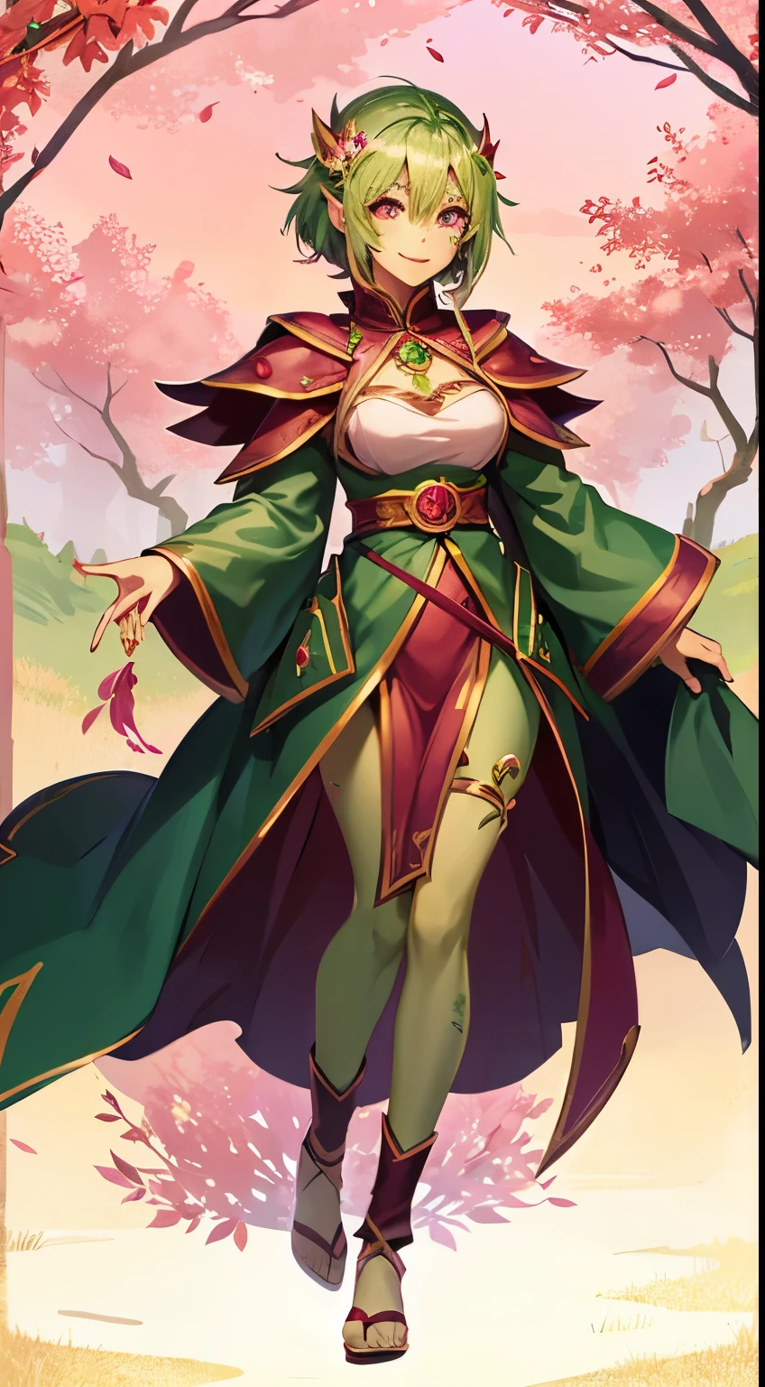 Estilo anime, pele verde plant girl, pele verde, cabelo rosa, leaves visible on the body, personagem lindo, olhos vermelhos, sorriso cativante, dressed in a cleric&#39;s outfit.