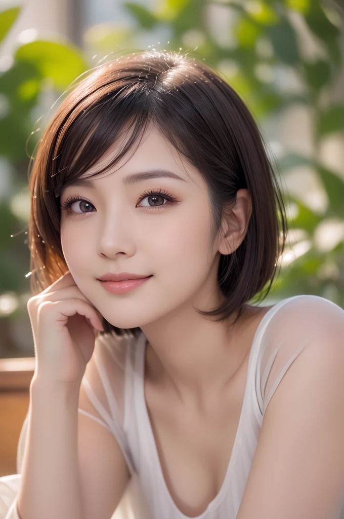 for website about beauty serum, somewhat intelligent look, res dress, best quality, highly detailed, ultra detailed, high resolution, absurdres, straight-on, a so beautiful japanese woman, 32 years old, applying beauty serum, looking at camera and smiling, minimalist white background, highly detailed, photorealistic, glowing skin, sophisticated, elegant, beautiful detailed eyes, beautiful detailed lips, extremely detailed eyes and face, long eyelashes, beautiful short black hair, warm smile, natural lighting, photorealistic, 8k, high quality, detailed portrait, elegant, refined, intellectual, key Light,close_up, lying down, like so young,without shadow