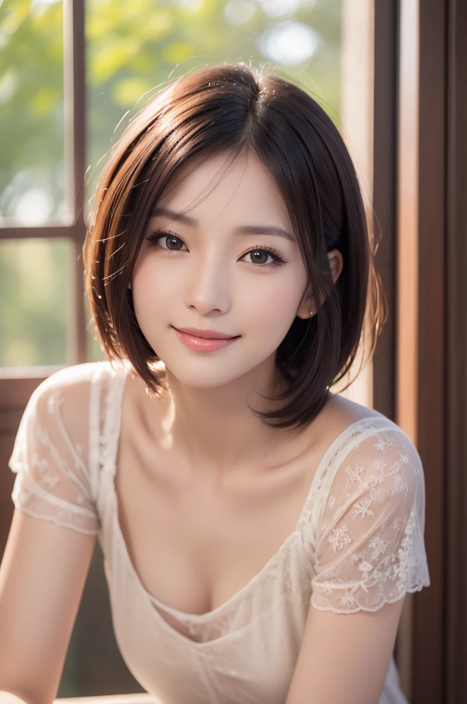 for website about beauty serum, somewhat intelligent look, res dress, best quality, highly detailed, ultra detailed, high resolution, absurdres, straight-on, a so beautiful japanese woman, 32 years old, applying beauty serum, looking at camera and smiling, minimalist white background, highly detailed, photorealistic, glowing skin, sophisticated, elegant, beautiful detailed eyes, beautiful detailed lips, extremely detailed eyes and face, long eyelashes, beautiful short black hair, warm smile, natural lighting, photorealistic, 8k, high quality, detailed portrait, elegant, refined, intellectual, key Light,close_up, lying down, like so young,without shadow