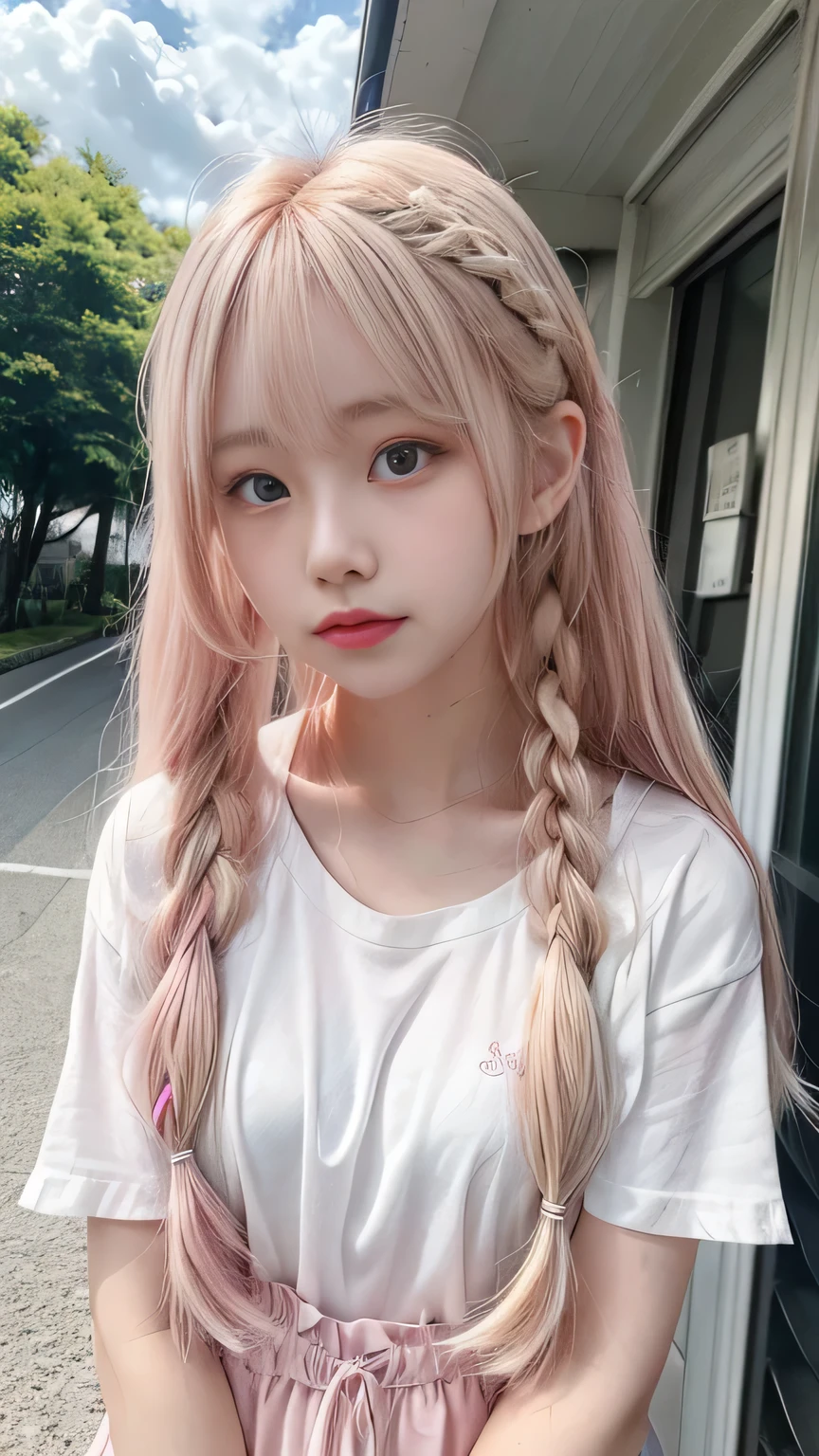 Pale, tanned skin、Sunburn marks on tanned skin、Multicolored Hair、Pink Hair,blonde,Platinum Hair,Brown Hair、A cute 20-year-old girl with a cute look, A strong wind blows my hair in front of my face、beautiful long blonde braided hair、beautiful, Cute eyes hidden by long bangs、Yawn、Double teeth、No visible nasolabial folds、