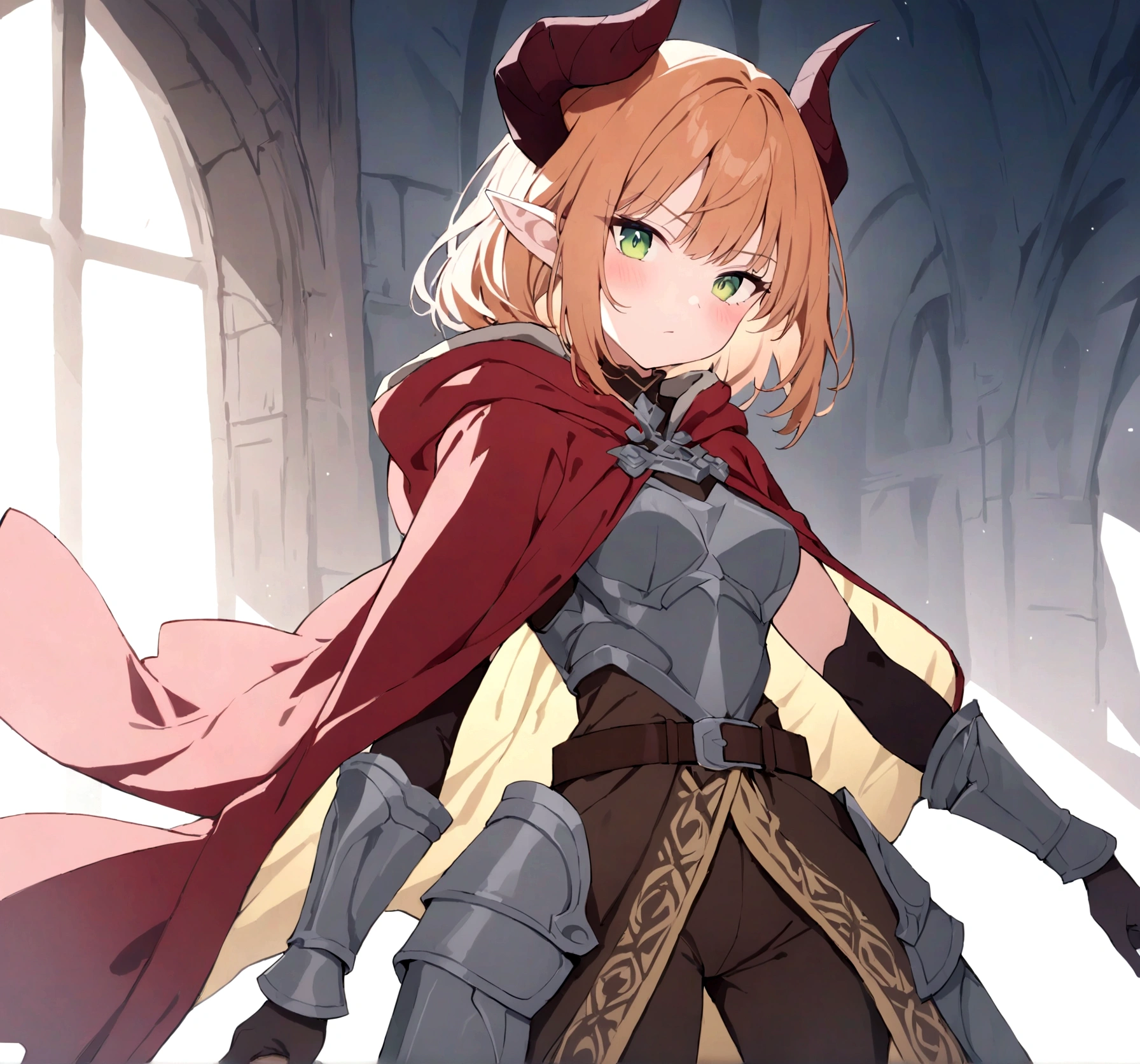 (1girl, Masterpiece, best quality) A young elf female with (long length intense orange hair and sharp side-swept fringe). Neutral, sligthly serious expression. Her attire includes a red cloak with yellow trim that covers a (medieval-style brown and gray chest piece). She has green eyes. She has a brown belt cinched around her waist and some dark gray fur around waist. She wears brown pants with armored greaves. (She's wearing a red hood ((with attached gray horns to hood.)).)